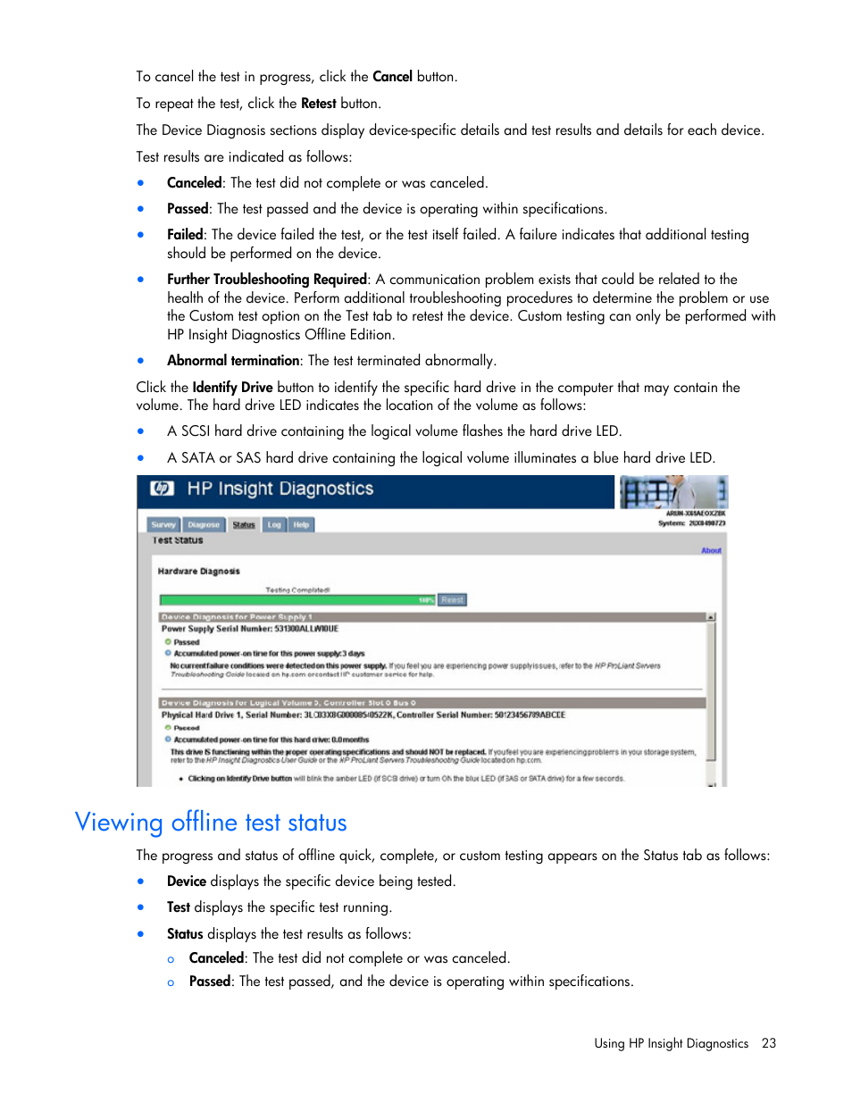 Viewing offline test status | HP Insight Diagnostics User Manual | Page 23 / 40