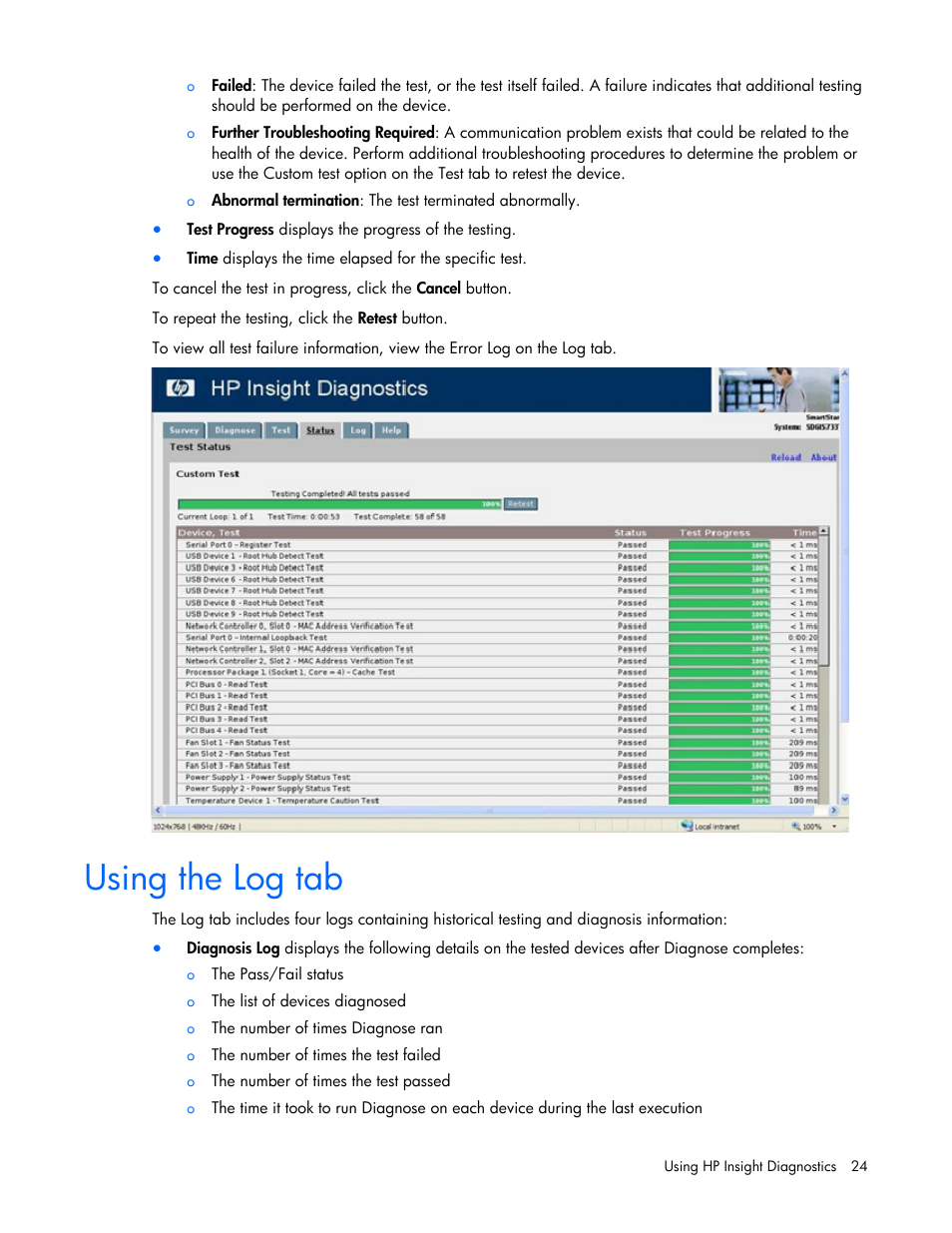 Using the log tab | HP Insight Diagnostics User Manual | Page 24 / 40