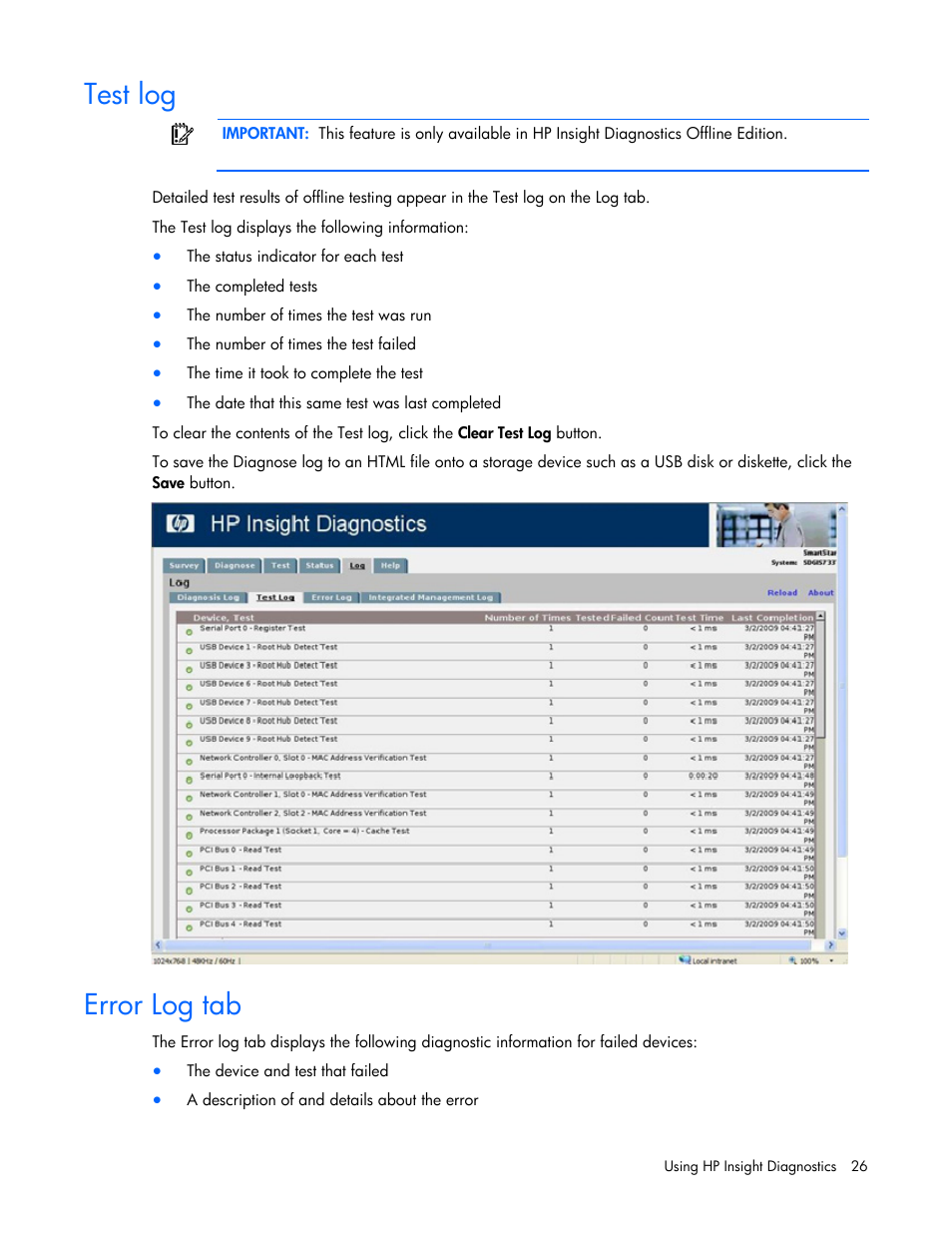 Test log, Error log tab | HP Insight Diagnostics User Manual | Page 26 / 40