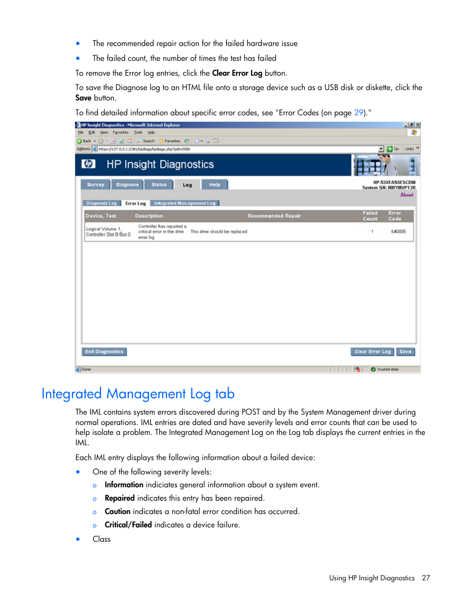 Integrated management log tab | HP Insight Diagnostics User Manual | Page 27 / 40