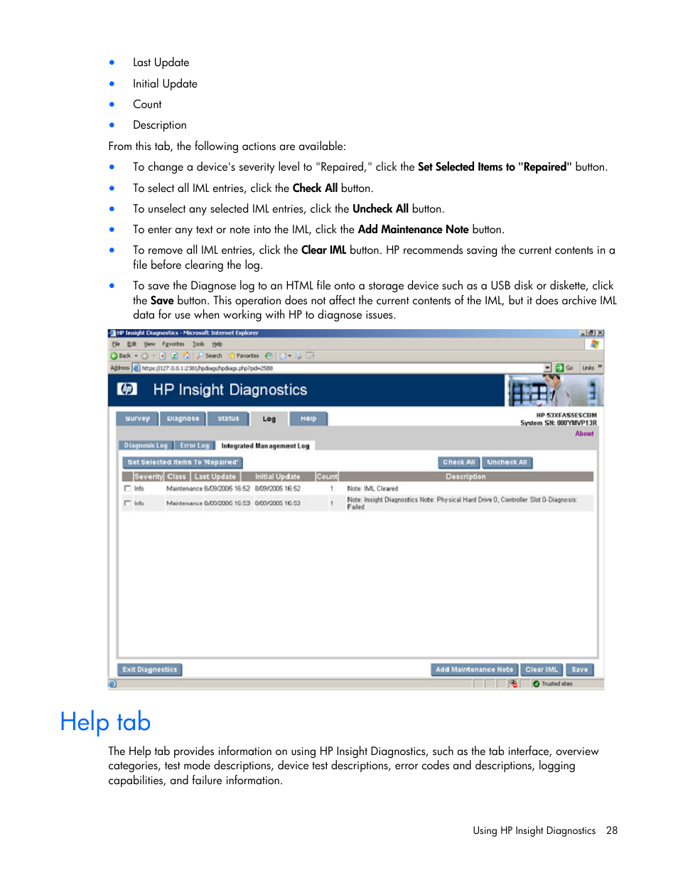 Help tab | HP Insight Diagnostics User Manual | Page 28 / 40