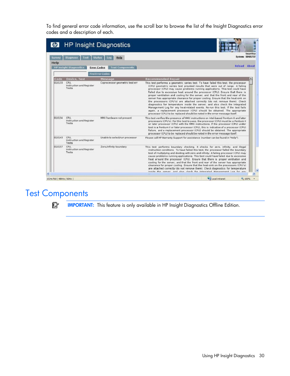 Test components | HP Insight Diagnostics User Manual | Page 30 / 40