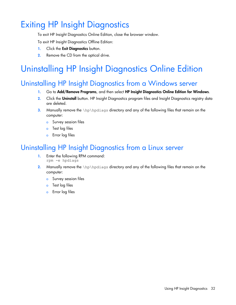 Exiting hp insight diagnostics, Uninstalling hp insight diagnostics online edition | HP Insight Diagnostics User Manual | Page 32 / 40