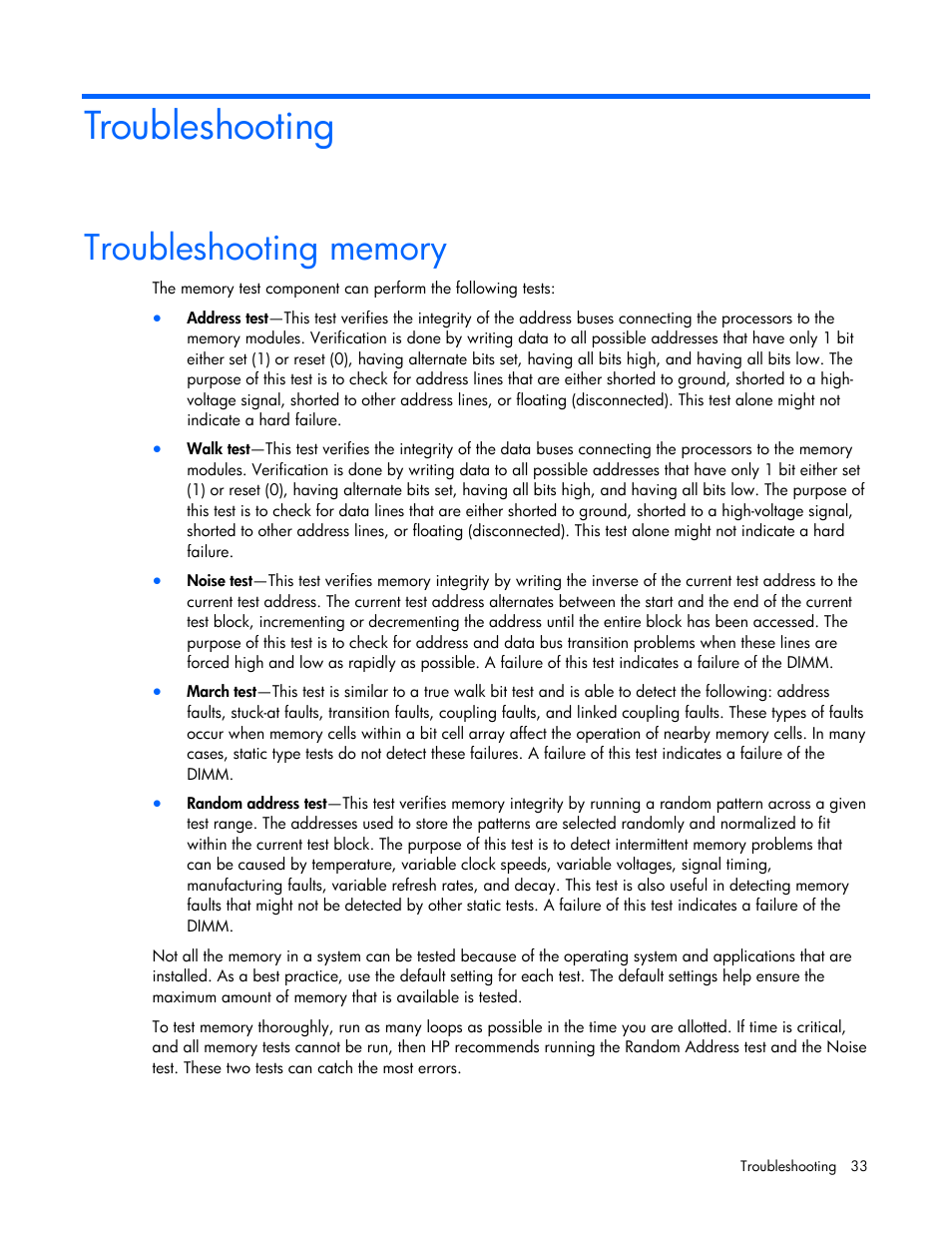 Troubleshooting, Troubleshooting memory | HP Insight Diagnostics User Manual | Page 33 / 40