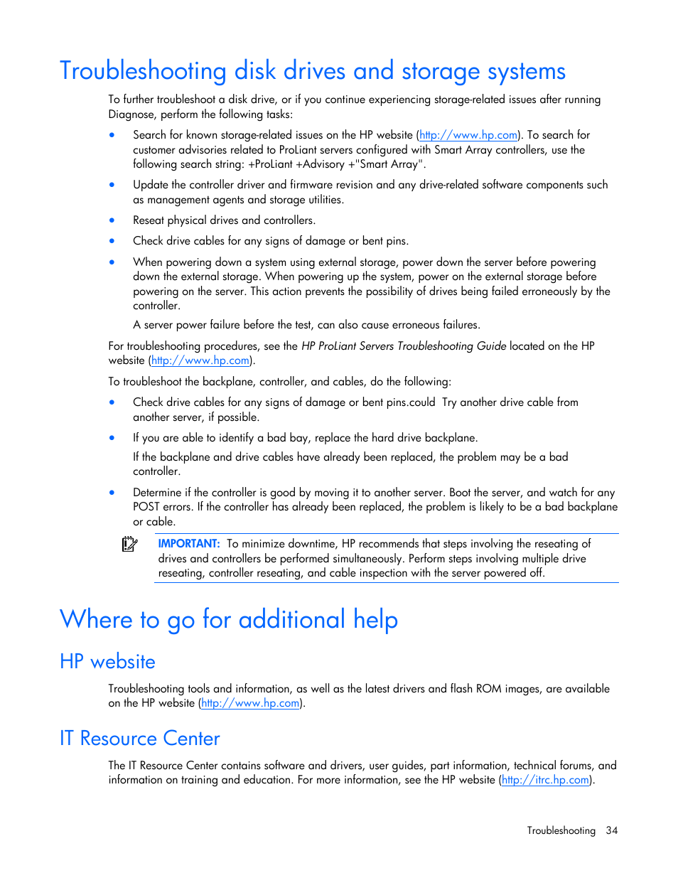 Troubleshooting disk drives and storage systems, Where to go for additional help, Hp website | It resource center | HP Insight Diagnostics User Manual | Page 34 / 40