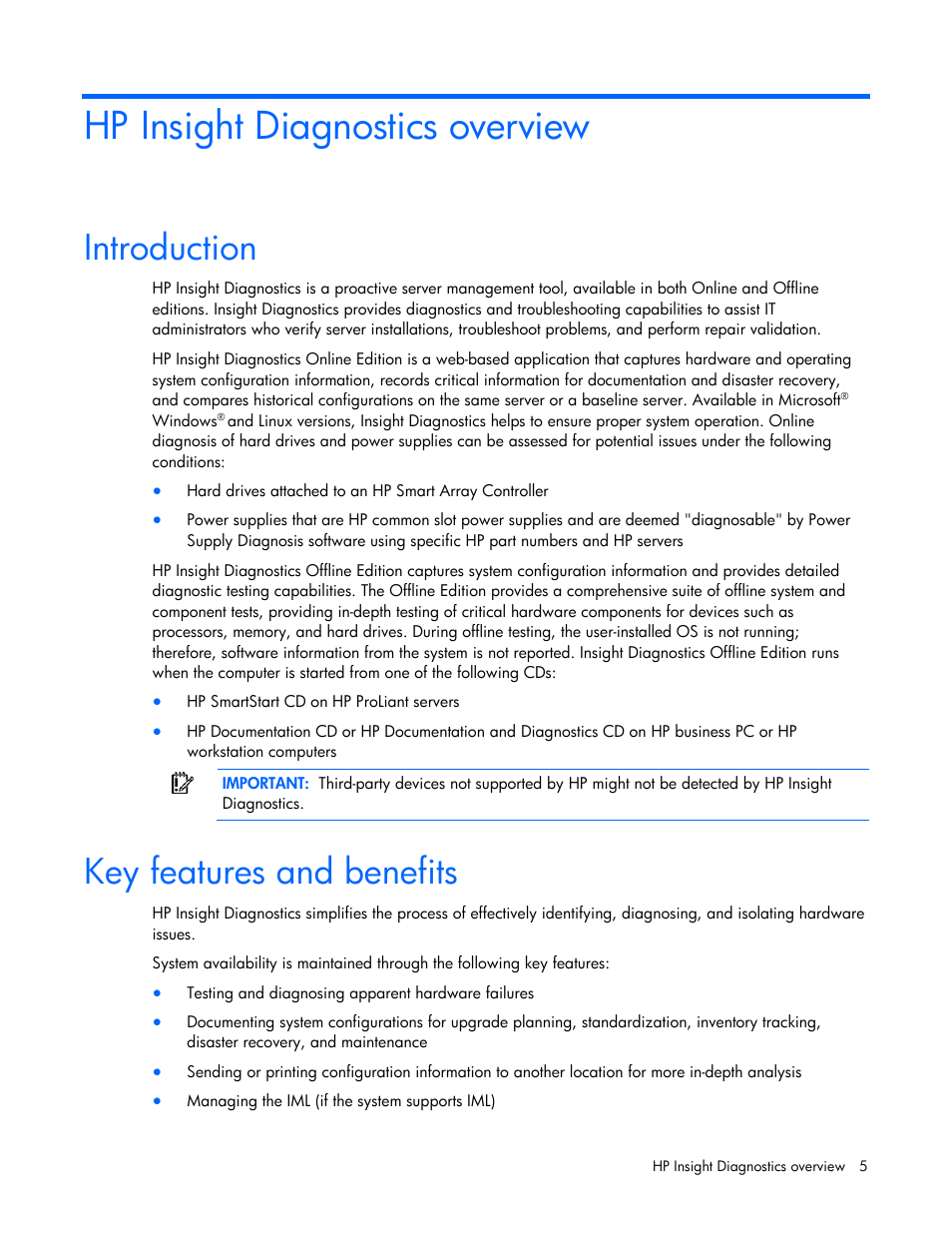 Hp insight diagnostics overview, Introduction, Key features and benefits | HP Insight Diagnostics User Manual | Page 5 / 40