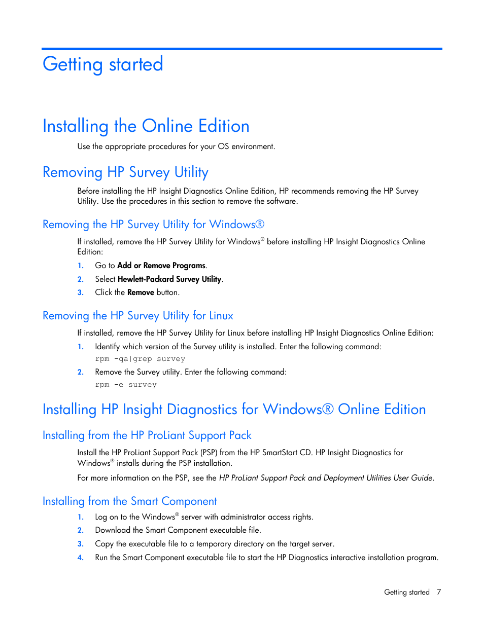 Getting started, Installing the online edition, Removing hp survey utility | Removing the hp survey utility for windows, Removing the hp survey utility for linux, Installing from the hp proliant support pack, Installing from the smart component | HP Insight Diagnostics User Manual | Page 7 / 40