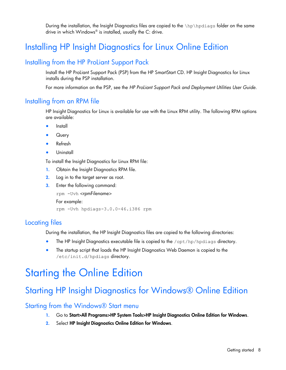 Installing from the hp proliant support pack, Installing from an rpm file, Locating files | Starting the online edition, Starting from the windows® start menu | HP Insight Diagnostics User Manual | Page 8 / 40