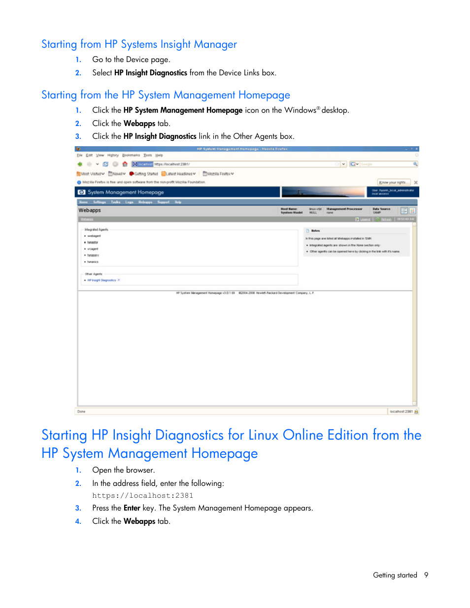 Starting from hp systems insight manager, Starting from the hp system management homepage | HP Insight Diagnostics User Manual | Page 9 / 40