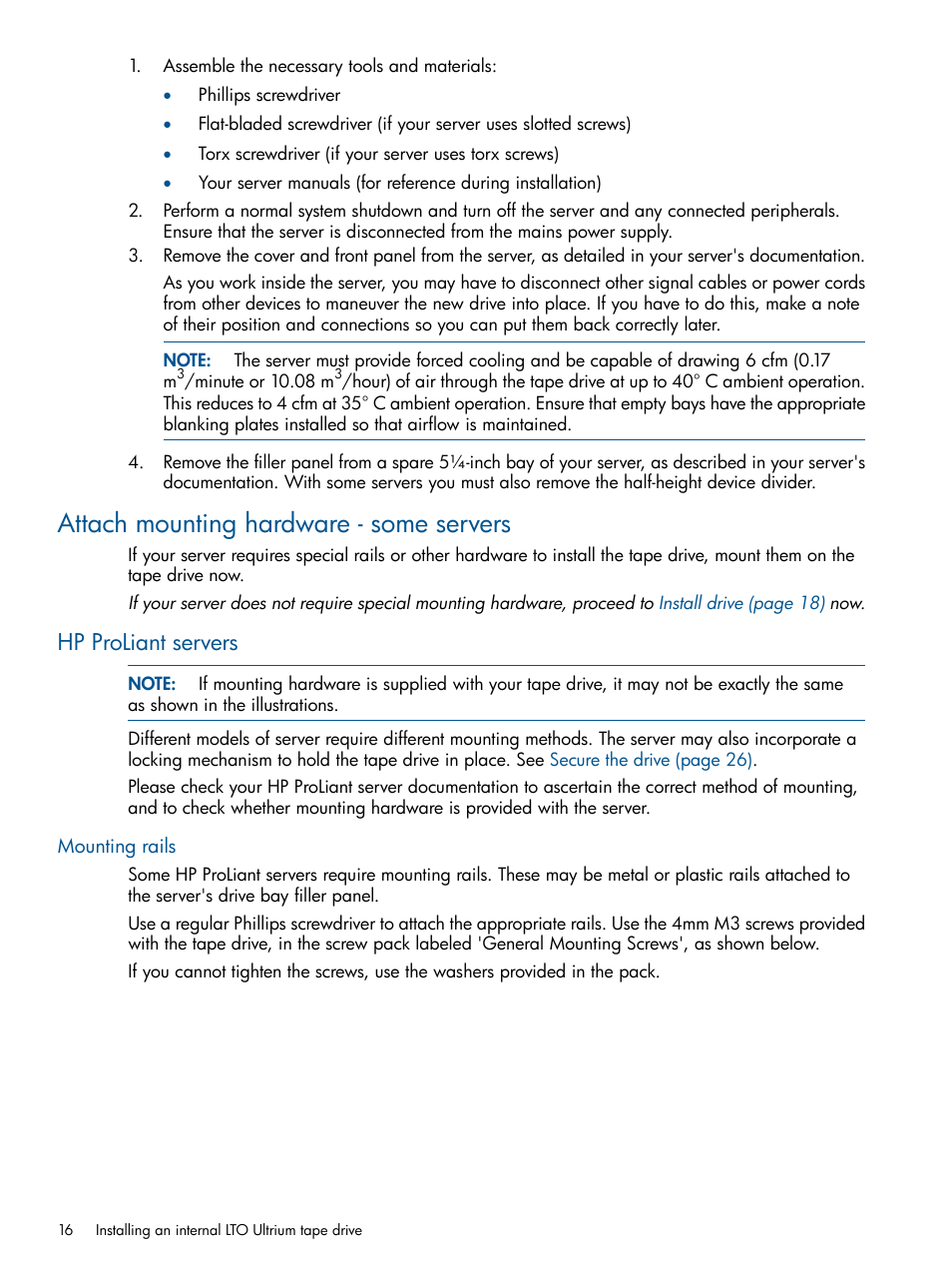 Attach mounting hardware - some servers, Hp proliant servers, Mounting rails | HP StoreEver Ultrium Tape Drives User Manual | Page 16 / 60