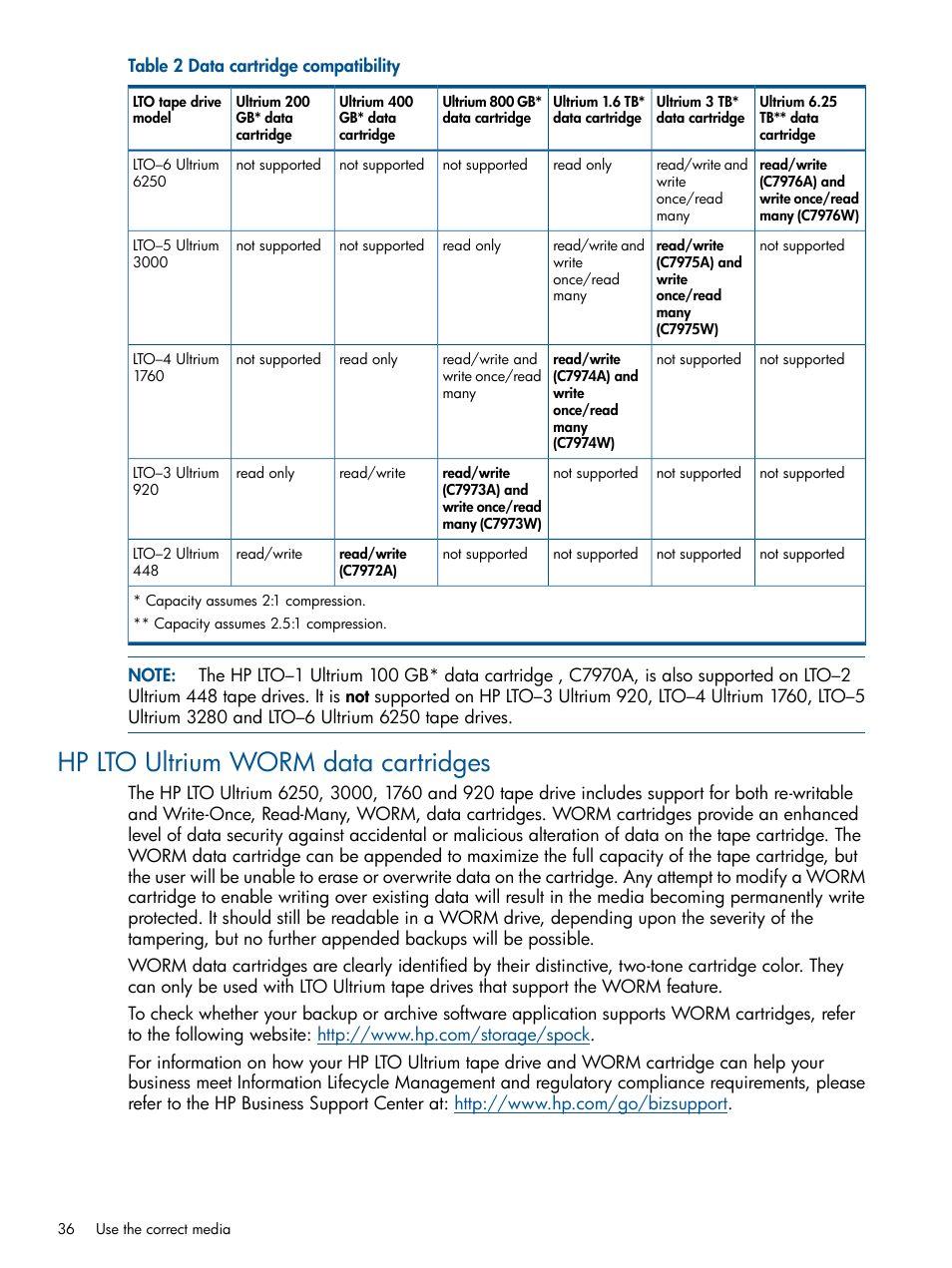 Hp lto ultrium worm data cartridges | HP StoreEver Ultrium Tape Drives User Manual | Page 36 / 60