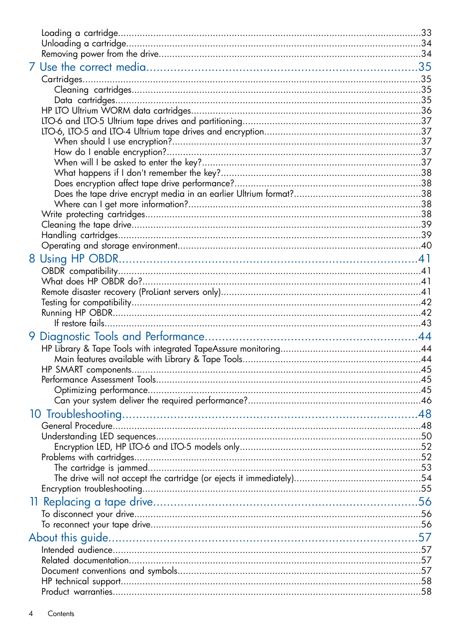 7 use the correct media, 8 using hp obdr, 9 diagnostic tools and performance | 10 troubleshooting, 11 replacing a tape drive, About this guide | HP StoreEver Ultrium Tape Drives User Manual | Page 4 / 60