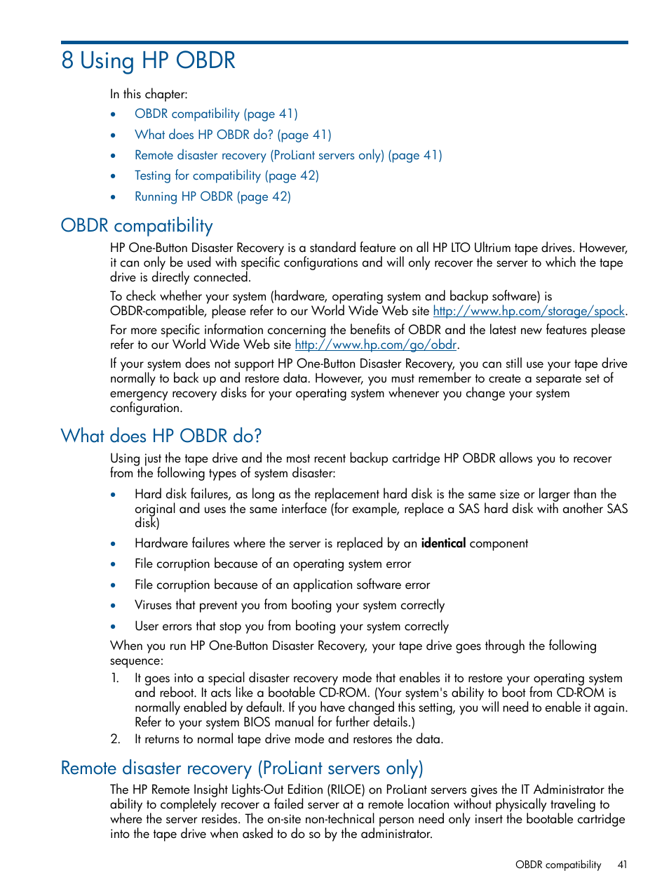 8 using hp obdr, Obdr compatibility, What does hp obdr do | Remote disaster recovery (proliant servers only), Obdr | HP StoreEver Ultrium Tape Drives User Manual | Page 41 / 60