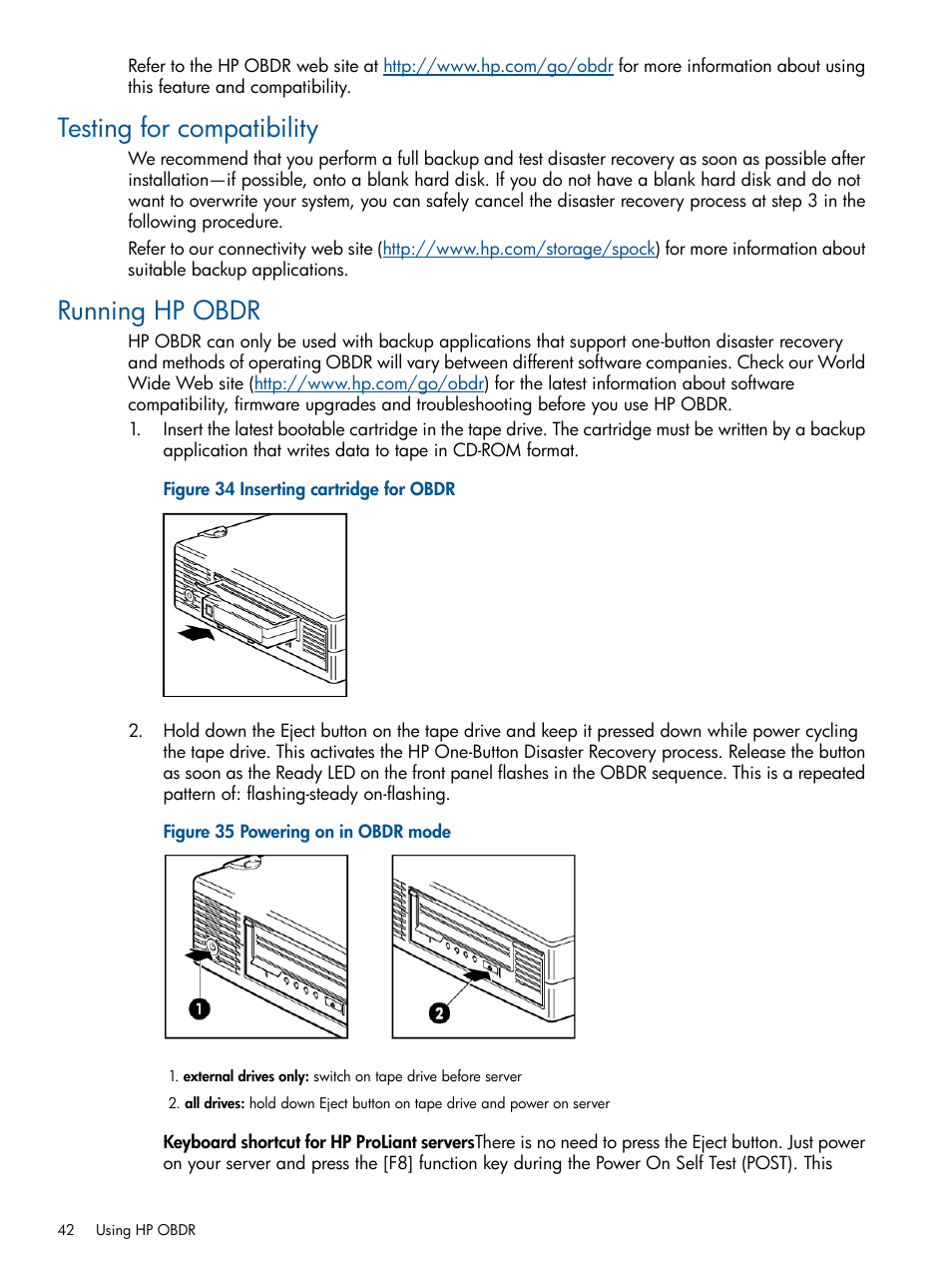 Testing for compatibility, Running hp obdr, Testing for compatibility running hp obdr | HP StoreEver Ultrium Tape Drives User Manual | Page 42 / 60