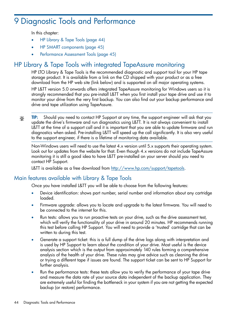 9 diagnostic tools and performance, Main features available with library & tape tools | HP StoreEver Ultrium Tape Drives User Manual | Page 44 / 60