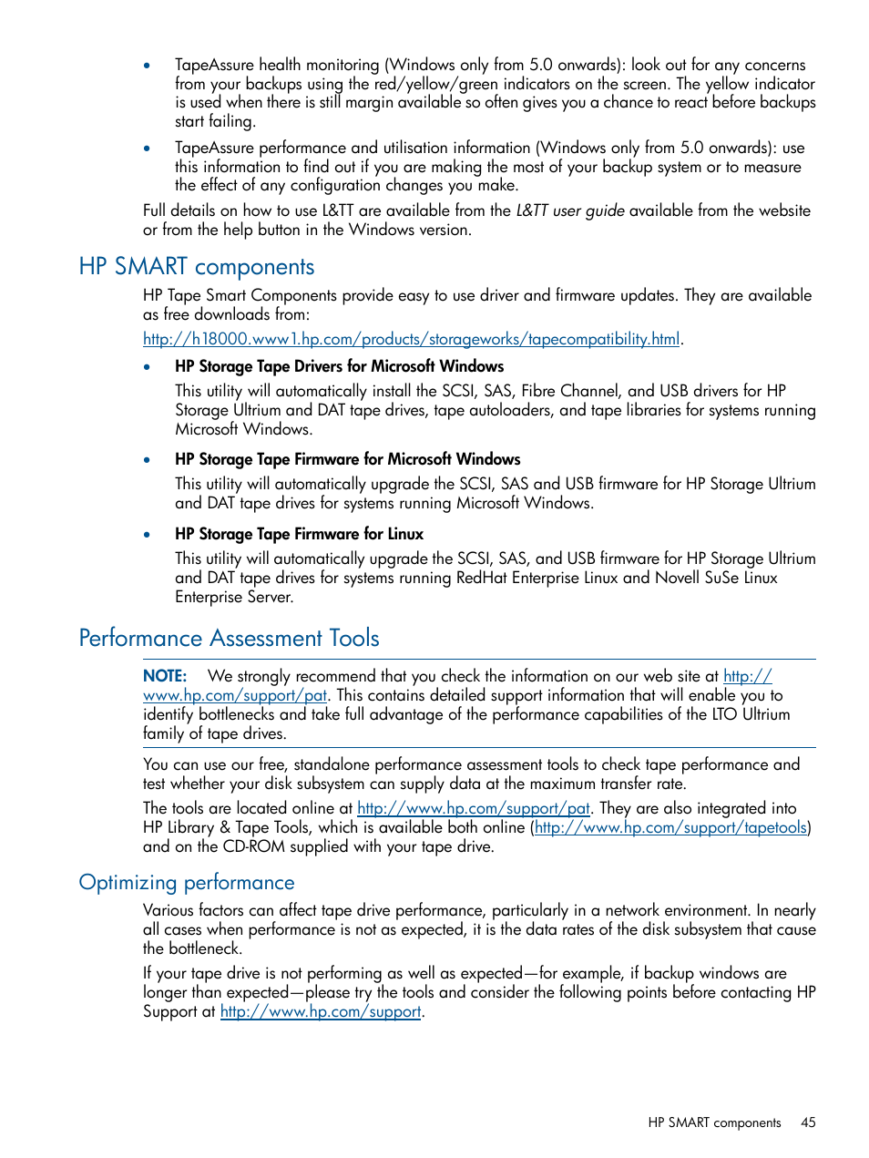 Hp smart components, Performance assessment tools, Optimizing performance | Hp smart components performance assessment tools | HP StoreEver Ultrium Tape Drives User Manual | Page 45 / 60