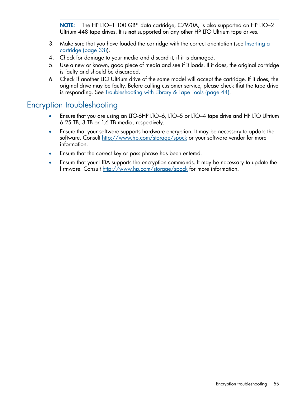 Encryption troubleshooting | HP StoreEver Ultrium Tape Drives User Manual | Page 55 / 60