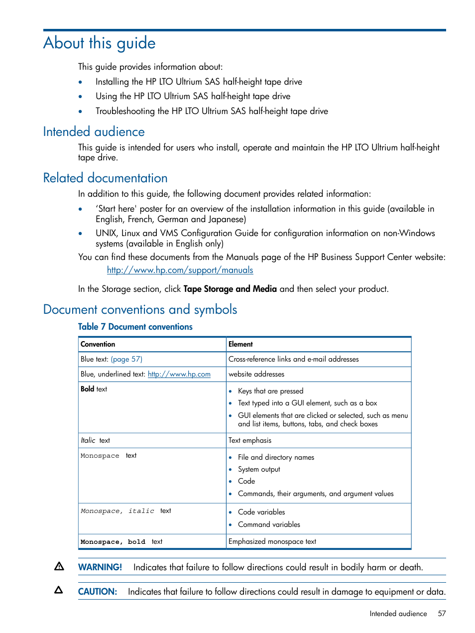 About this guide, Intended audience, Related documentation | Document conventions and symbols | HP StoreEver Ultrium Tape Drives User Manual | Page 57 / 60