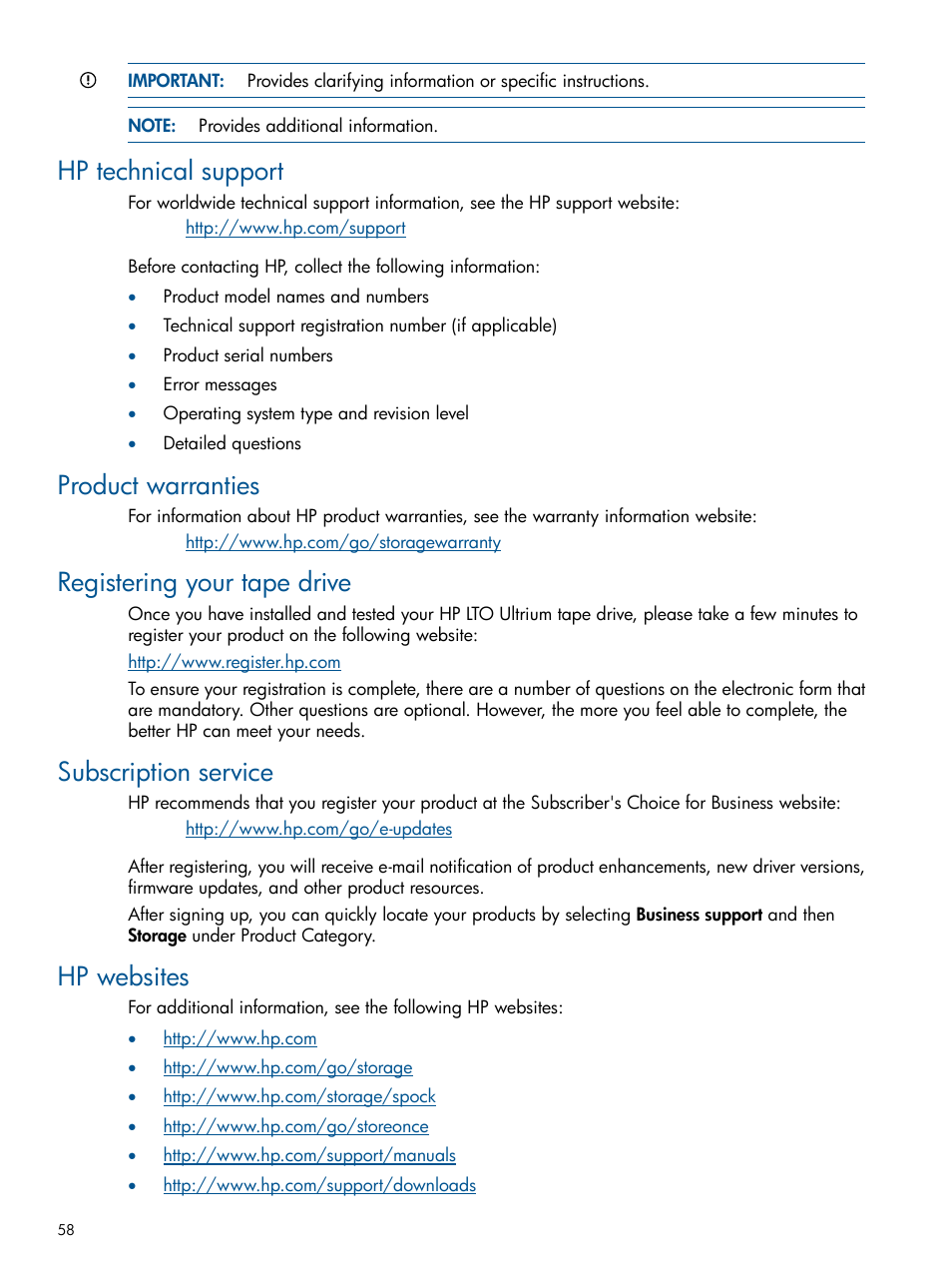 Hp technical support, Product warranties, Registering your tape drive | Subscription service, Hp websites, Hp technical support product warranties | HP StoreEver Ultrium Tape Drives User Manual | Page 58 / 60