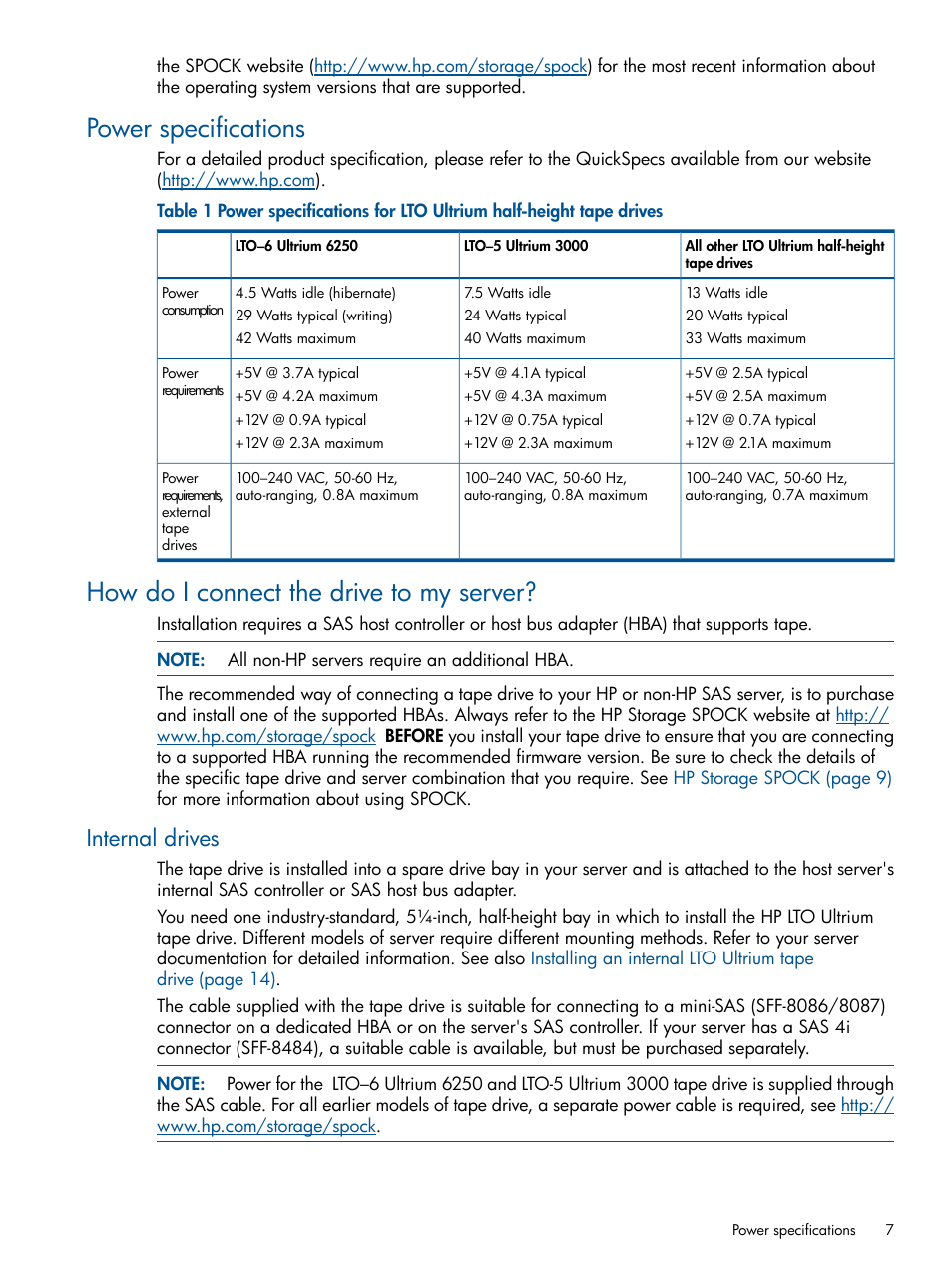 Power specifications, How do i connect the drive to my server, Internal drives | HP StoreEver Ultrium Tape Drives User Manual | Page 7 / 60