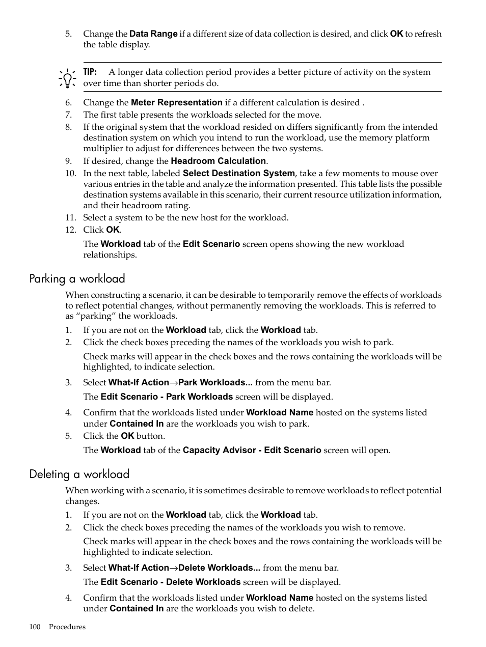 Parking a workload, Deleting a workload, Parking a workload deleting a workload | HP Matrix Operating Environment Software User Manual | Page 100 / 192