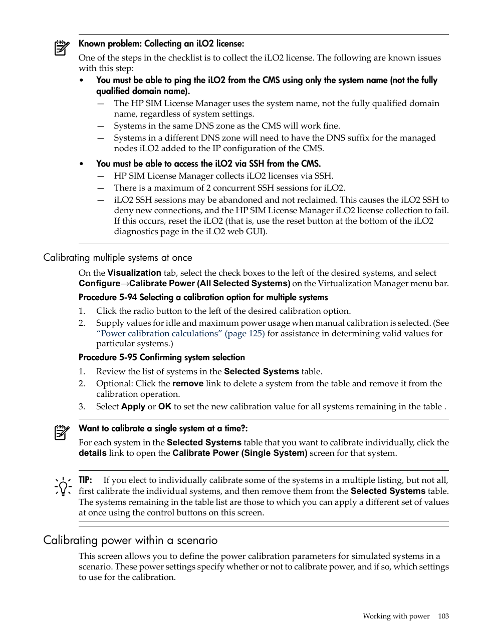 Calibrating multiple systems at once, Calibrating power within a scenario | HP Matrix Operating Environment Software User Manual | Page 103 / 192