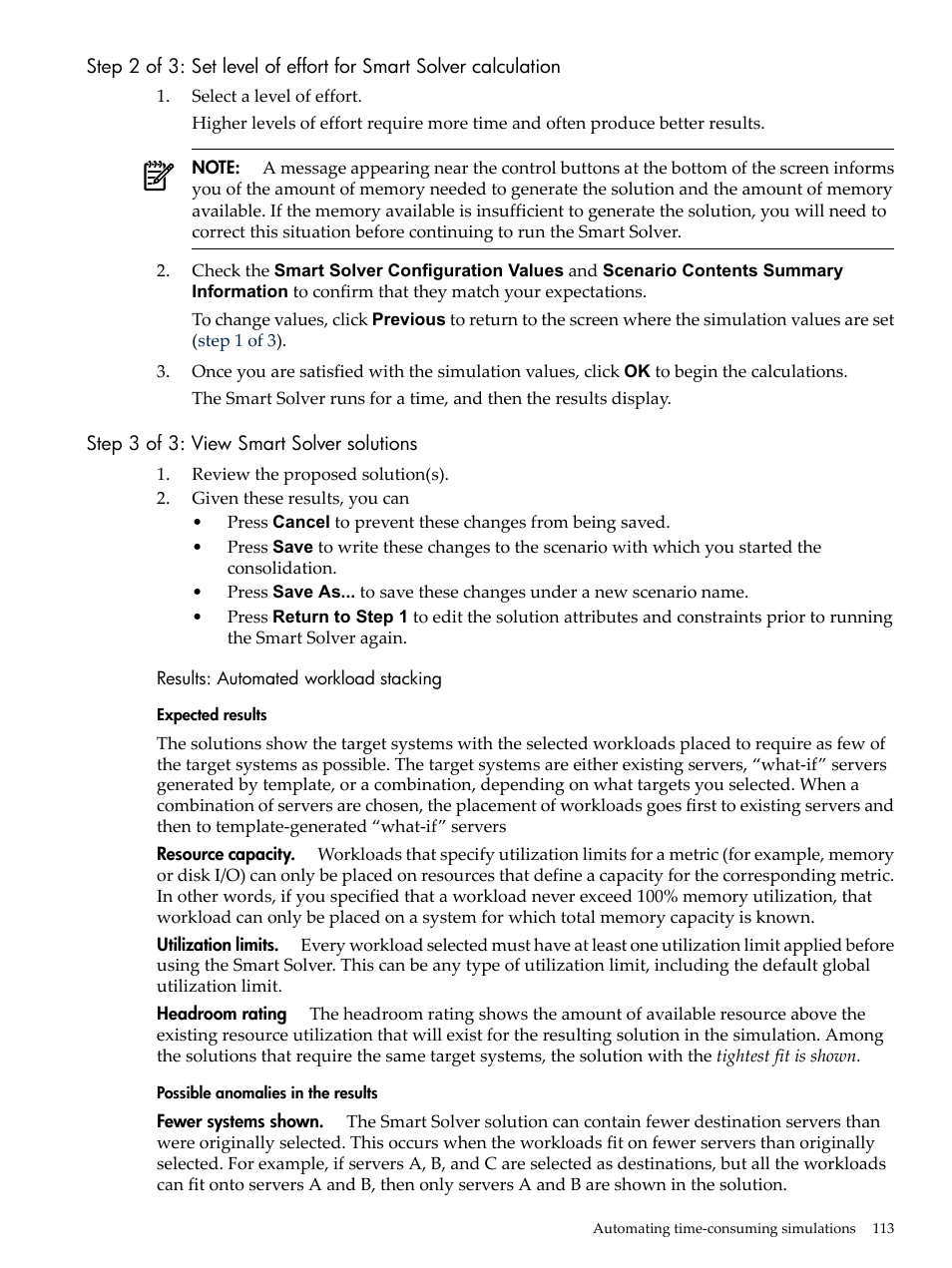 Step 3 of 3: view smart solver solutions, Results: automated workload stacking, Expected results | Possible anomalies in the results | HP Matrix Operating Environment Software User Manual | Page 113 / 192