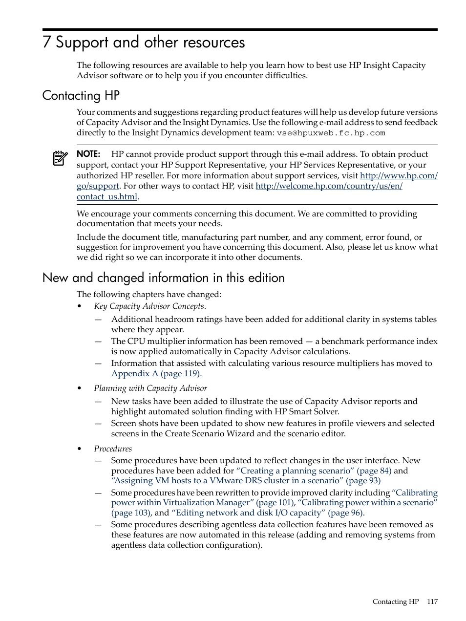 7 support and other resources, Contacting hp, New and changed information in this edition | HP Matrix Operating Environment Software User Manual | Page 117 / 192