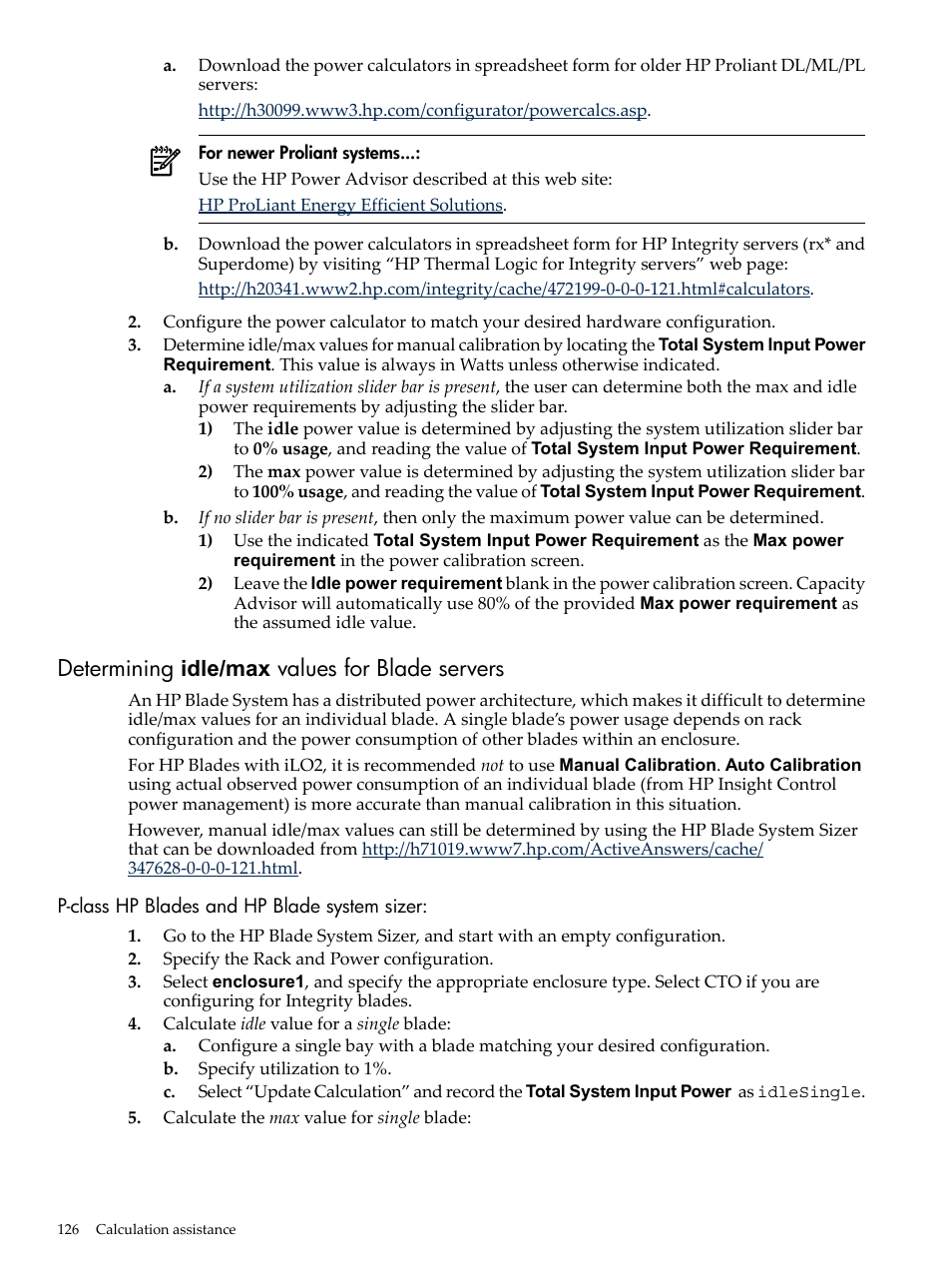 Determining idle/max values for blade servers, P-class hp blades and hp blade system sizer | HP Matrix Operating Environment Software User Manual | Page 126 / 192