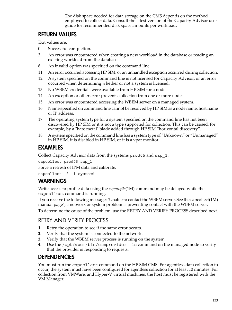 Return values, Examples, Warnings | Retry and verify process, Dependencies | HP Matrix Operating Environment Software User Manual | Page 133 / 192