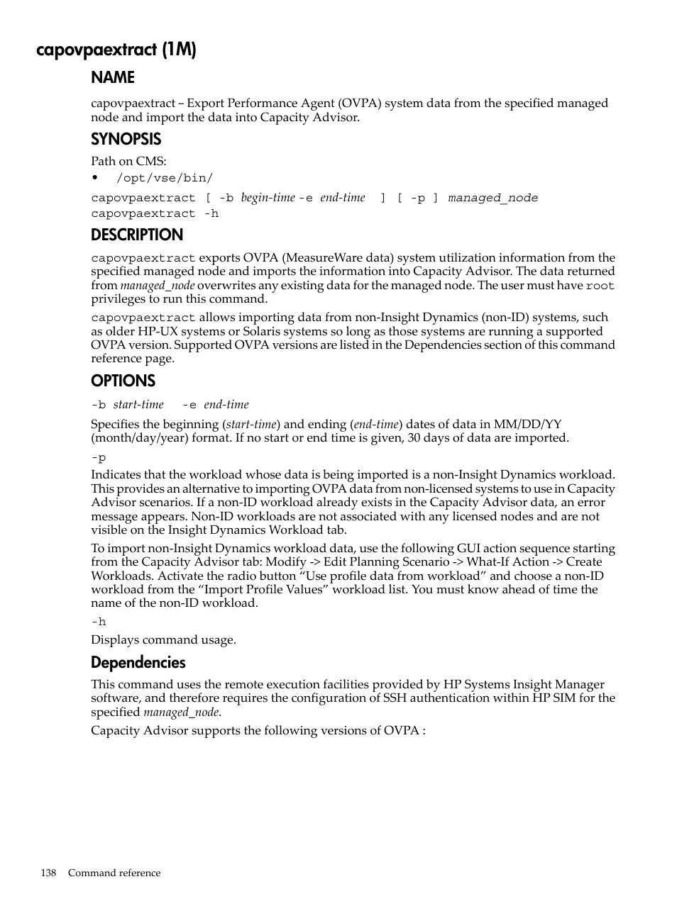 Capovpaextract (1m), Capovpaextract(1m), Name | Synopsis, Description, Options, Dependencies | HP Matrix Operating Environment Software User Manual | Page 138 / 192