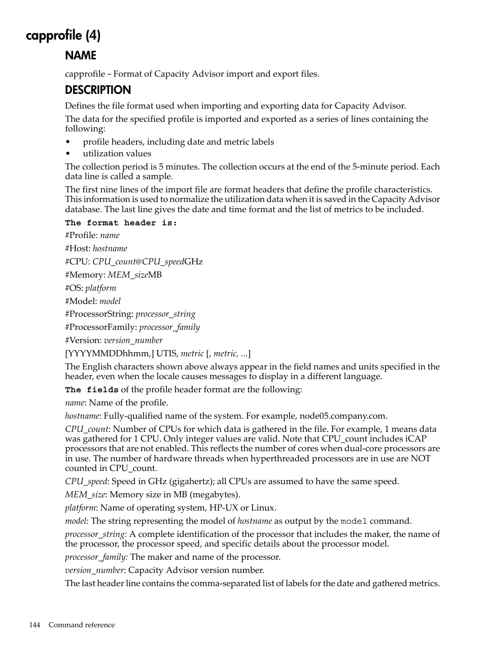 Capprofile (4), Capprofile(4), Name | Description | HP Matrix Operating Environment Software User Manual | Page 144 / 192