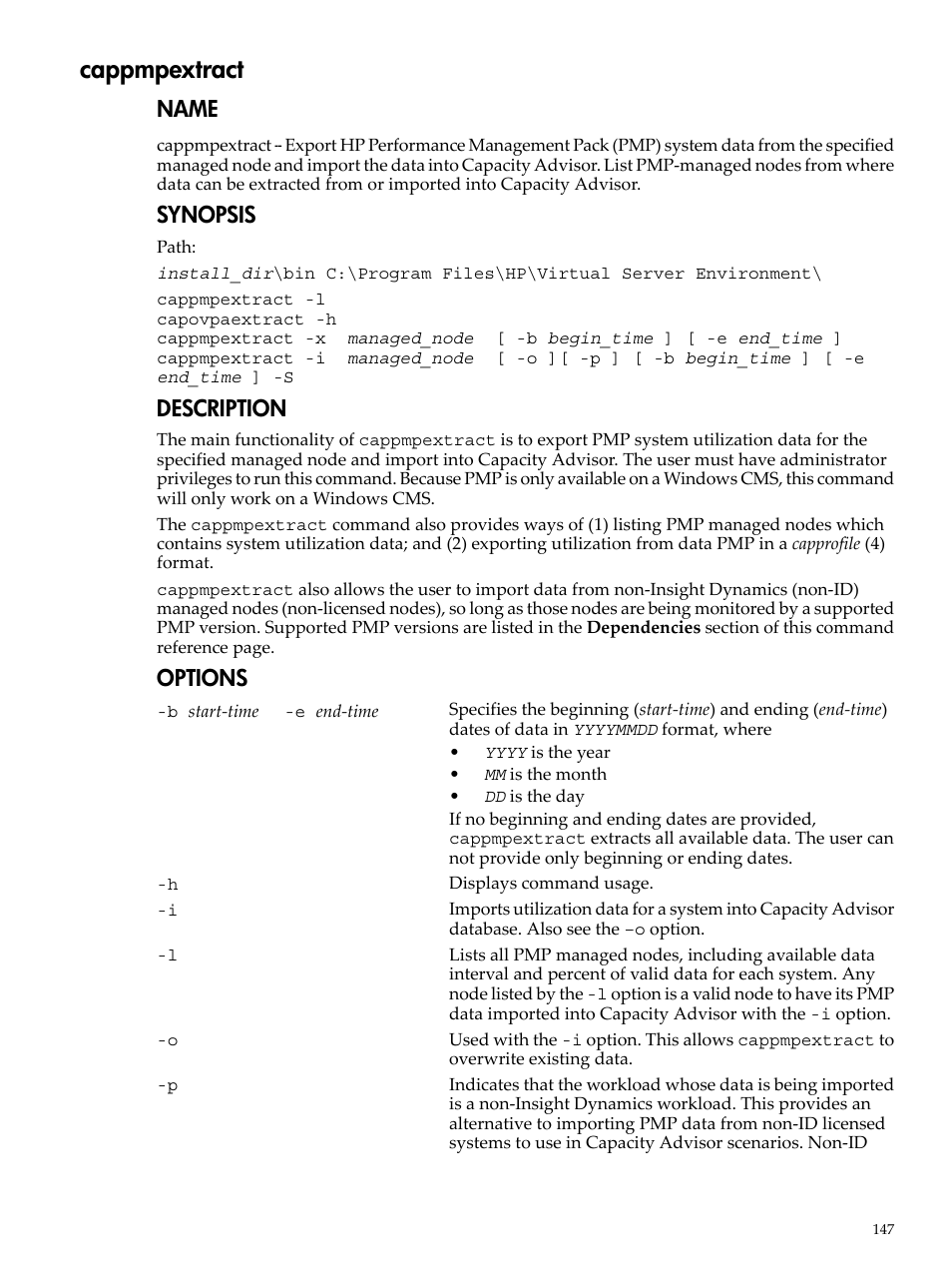 Cappmpextract, Cappmpextract(1m), Name | Synopsis, Description, Options | HP Matrix Operating Environment Software User Manual | Page 147 / 192