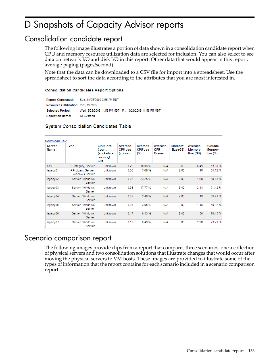 D snapshots of capacity advisor reports, Consolidation candidate report, Scenario comparison report | Consolidation | HP Matrix Operating Environment Software User Manual | Page 153 / 192