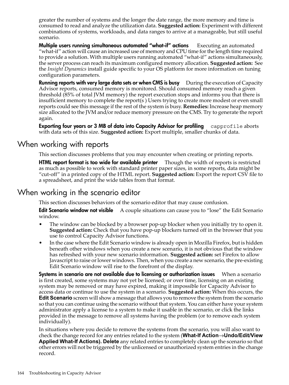 When working with reports, When working in the scenario editor | HP Matrix Operating Environment Software User Manual | Page 164 / 192