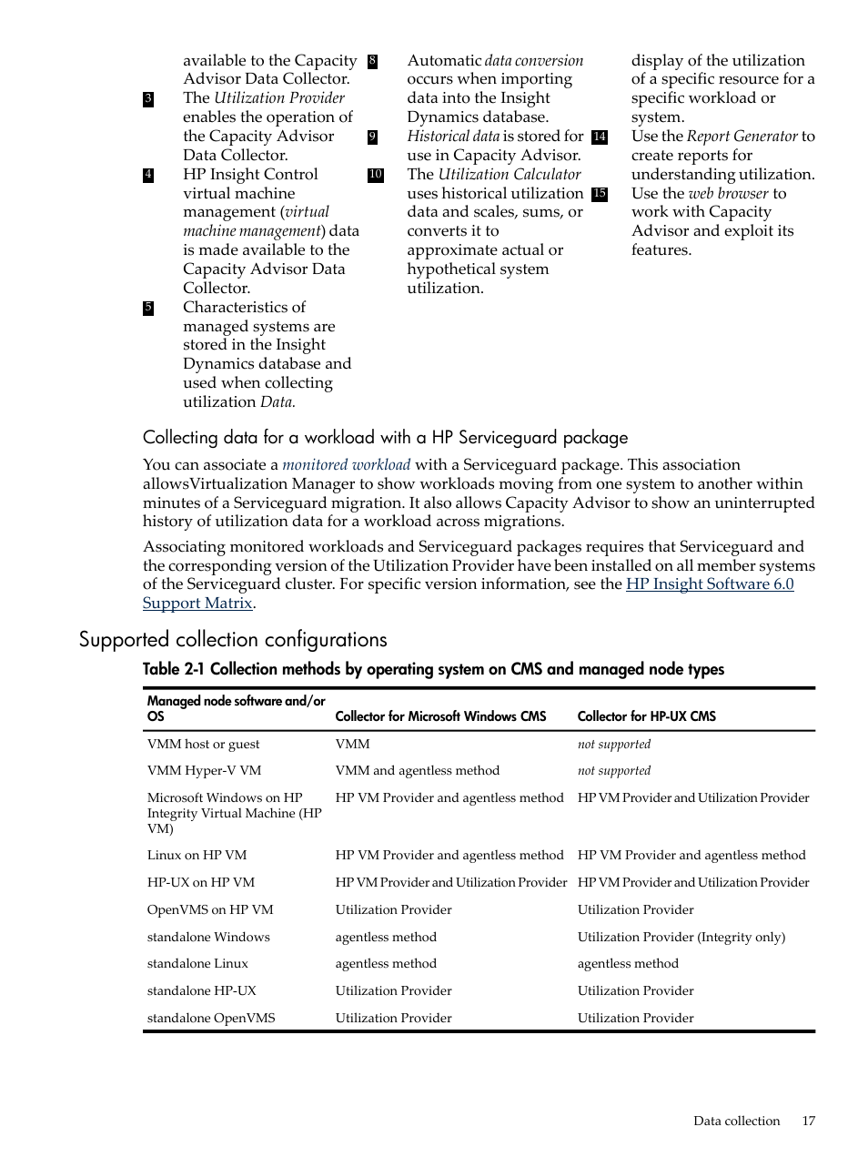 Supported collection configurations, Supported collection | HP Matrix Operating Environment Software User Manual | Page 17 / 192