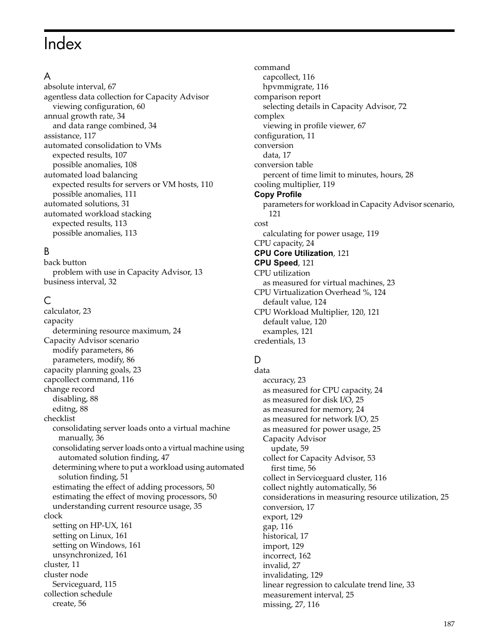 Index | HP Matrix Operating Environment Software User Manual | Page 187 / 192