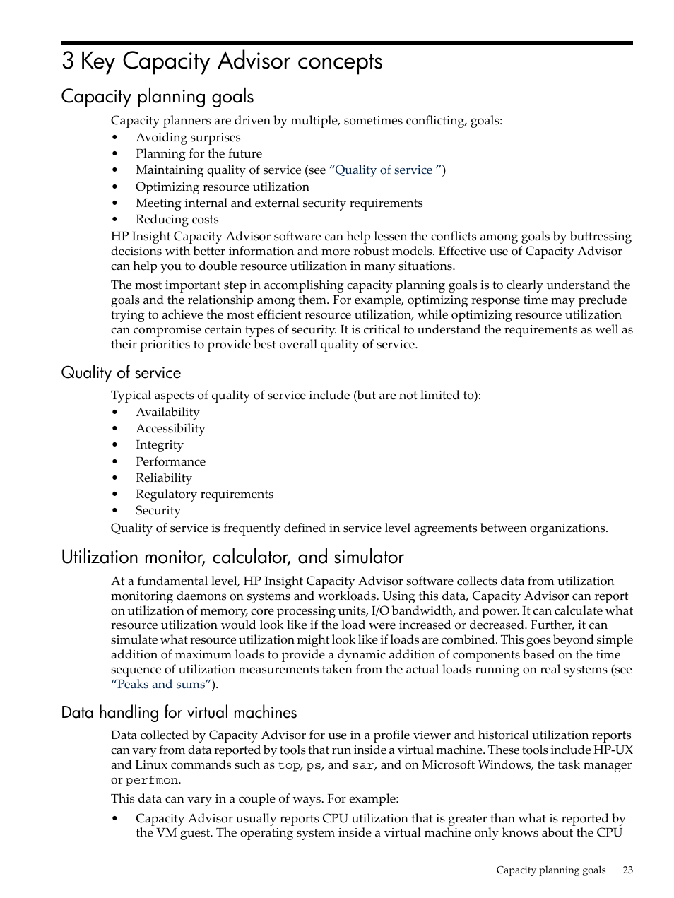 3 key capacity advisor concepts, Capacity planning goals, Quality of service | Utilization monitor, calculator, and simulator, Data handling for virtual machines | HP Matrix Operating Environment Software User Manual | Page 23 / 192