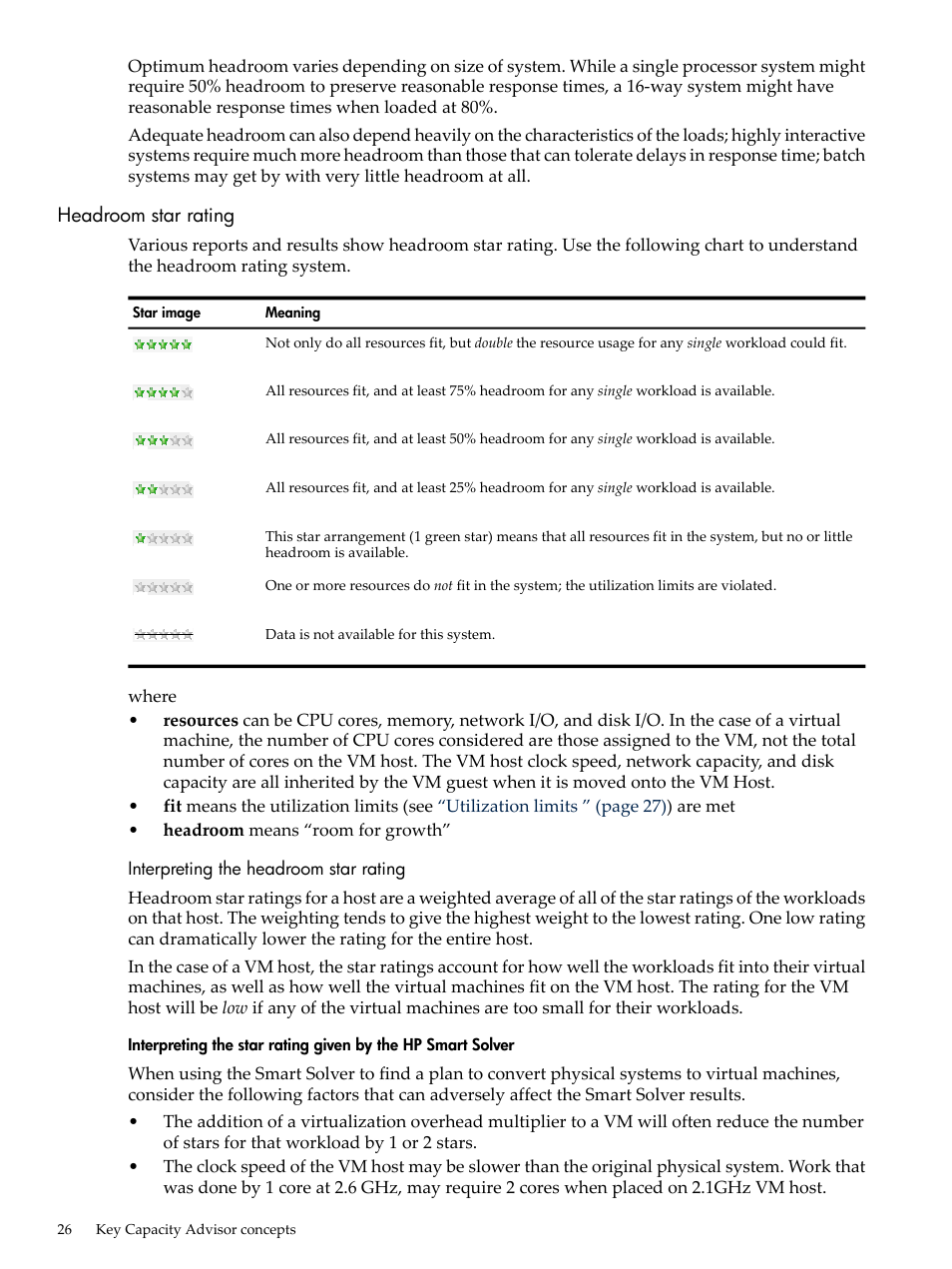 Headroom star rating, Interpreting the headroom star rating | HP Matrix Operating Environment Software User Manual | Page 26 / 192