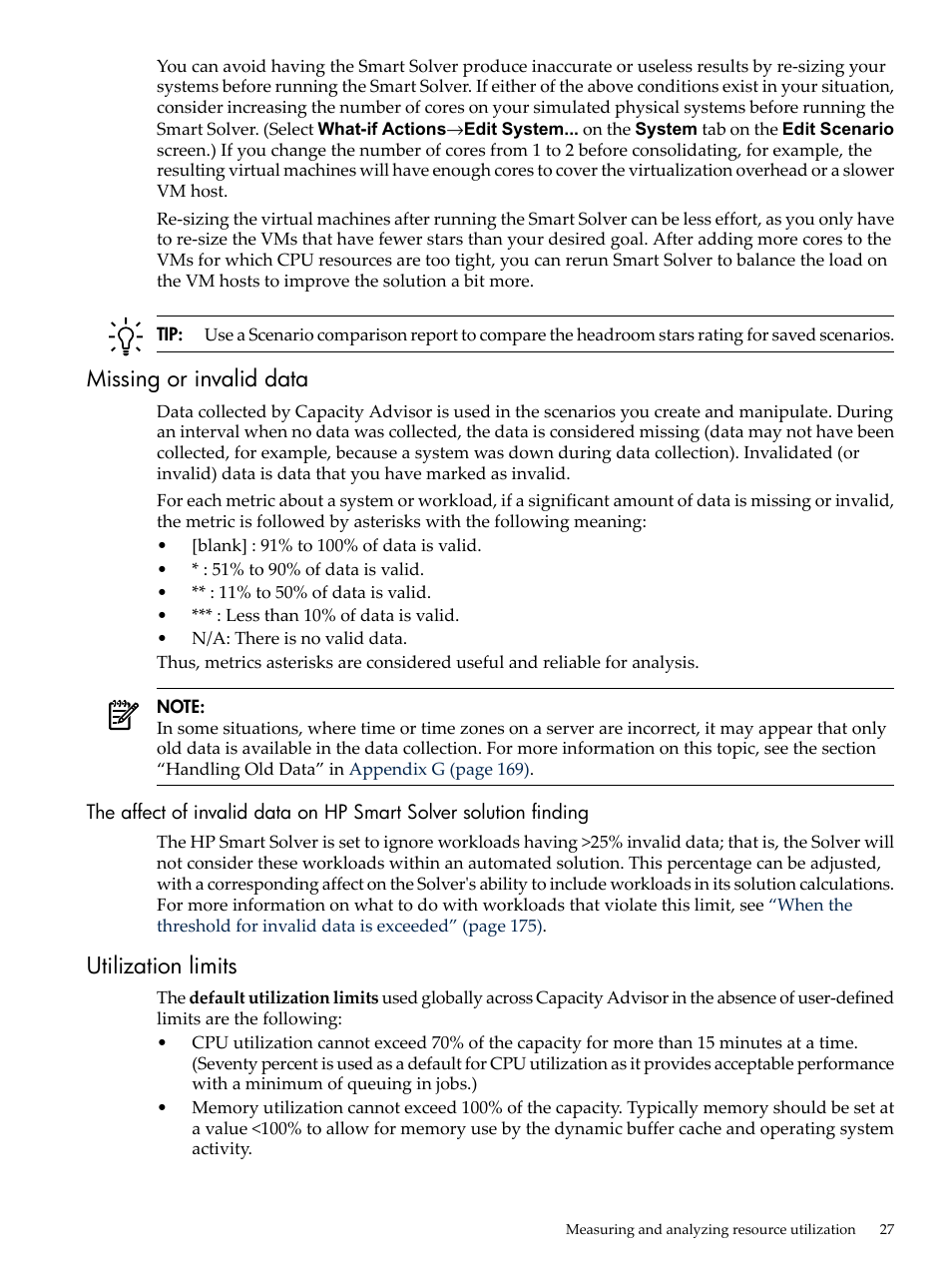 Missing or invalid data, Utilization limits | HP Matrix Operating Environment Software User Manual | Page 27 / 192