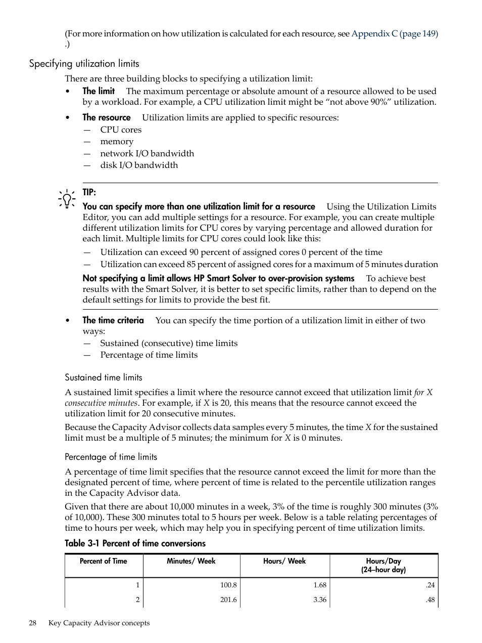 Specifying utilization limits, Sustained time limits, Percentage of time limits | Sustained time limits percentage of time limits | HP Matrix Operating Environment Software User Manual | Page 28 / 192