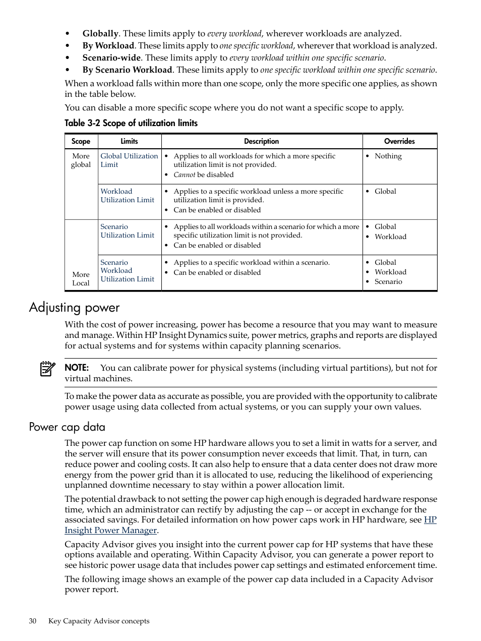 Adjusting power, Power cap data | HP Matrix Operating Environment Software User Manual | Page 30 / 192