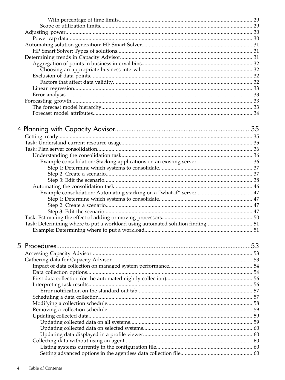 4 planning with capacity advisor, 5 procedures | HP Matrix Operating Environment Software User Manual | Page 4 / 192