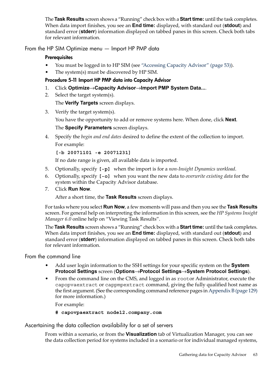 From the hp sim optimize menu — import hp pmp data, From the command line | HP Matrix Operating Environment Software User Manual | Page 63 / 192