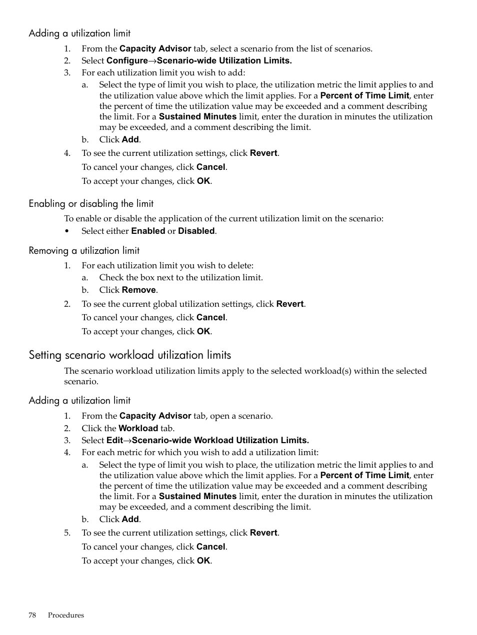 Adding a utilization limit, Enabling or disabling the limit, Removing a utilization limit | Setting scenario workload utilization limits, Scenario workload utilization limit | HP Matrix Operating Environment Software User Manual | Page 78 / 192