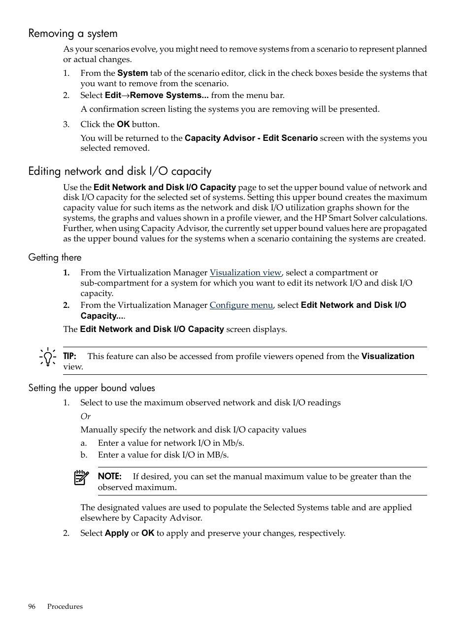 Removing a system, Editing network and disk i/o capacity, Getting there | Setting the upper bound values, Getting there setting the upper bound values | HP Matrix Operating Environment Software User Manual | Page 96 / 192