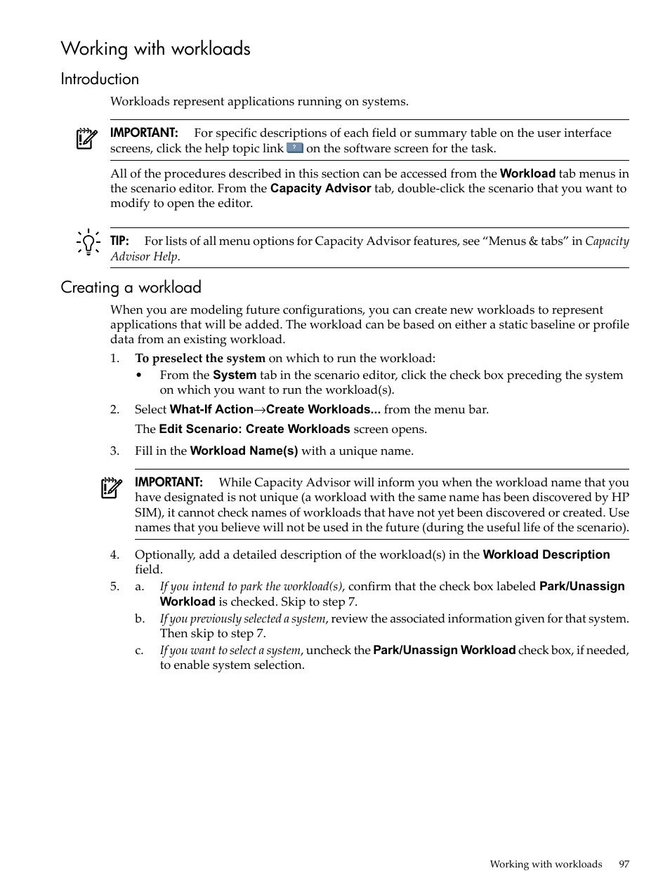Working with workloads, Introduction, Creating a workload | Introduction creating a workload | HP Matrix Operating Environment Software User Manual | Page 97 / 192