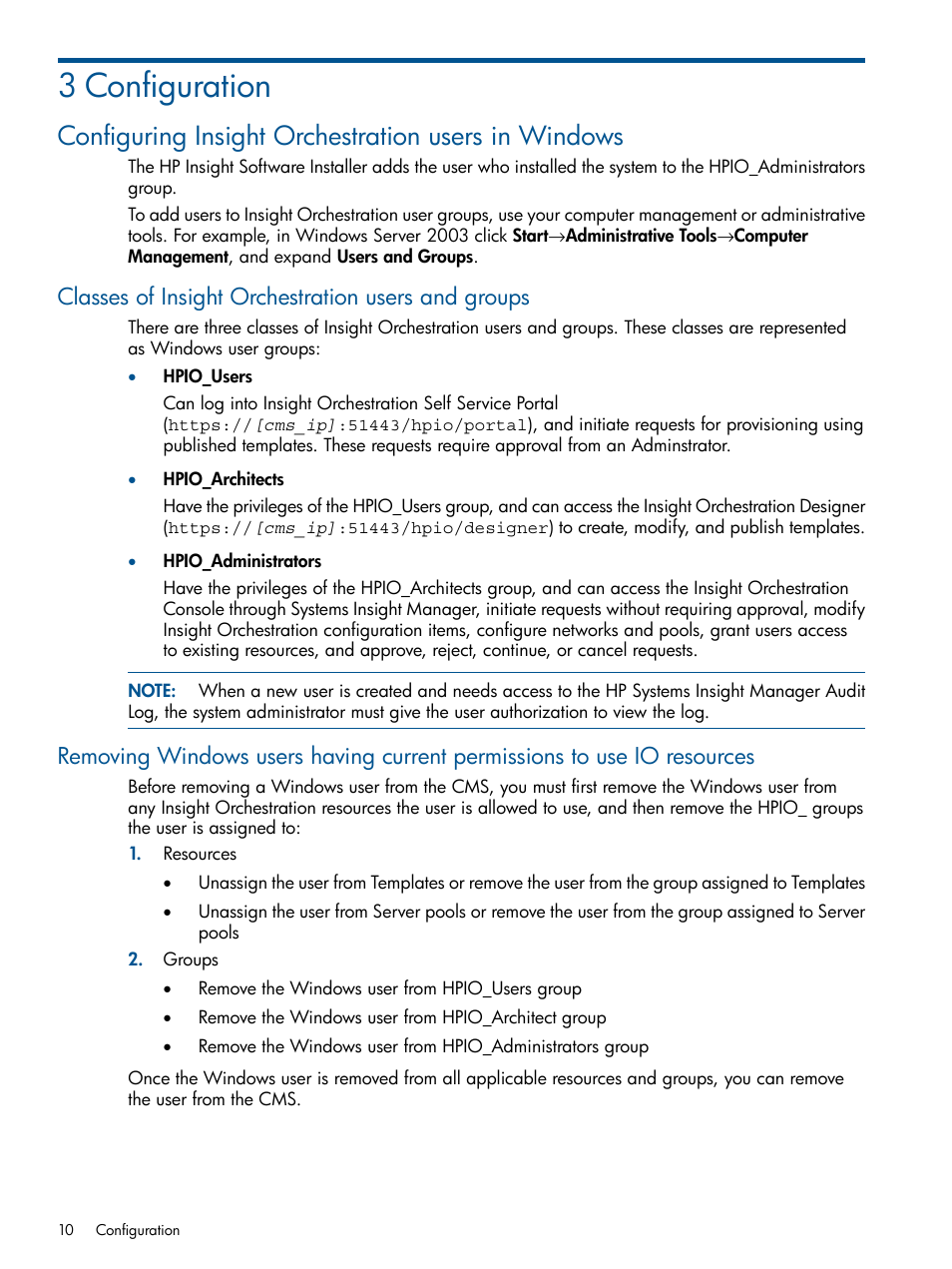 3 configuration, Configuring insight orchestration users in windows, Classes of insight orchestration users and groups | HP Matrix Operating Environment Software User Manual | Page 10 / 137