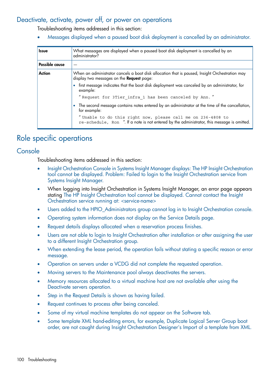 Role specific operations, Console | HP Matrix Operating Environment Software User Manual | Page 100 / 137