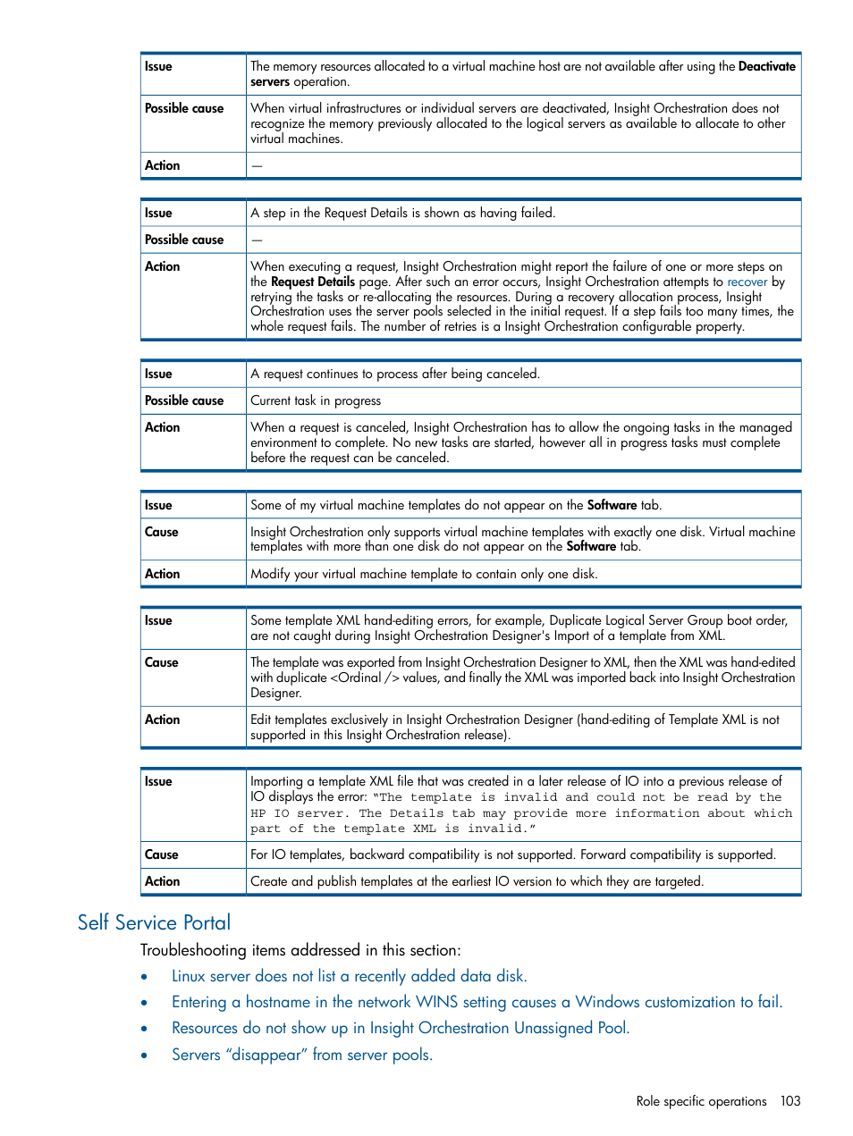 Self service portal, Request continues to process after being canceled | HP Matrix Operating Environment Software User Manual | Page 103 / 137